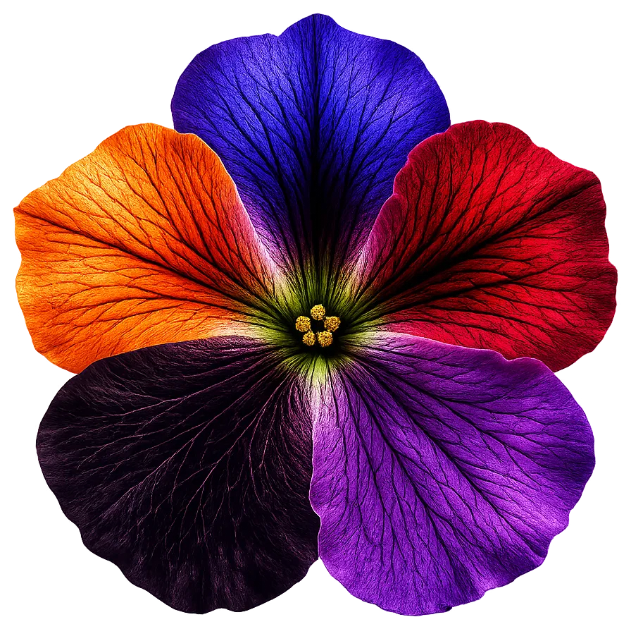 A petunia bloom with each petal expressing a different engineered pigment