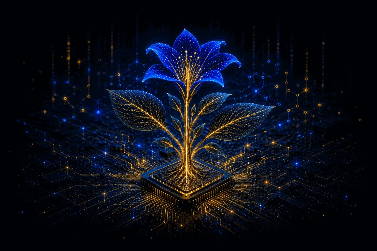 A flower rendered as a glowing circuit board, symbolizing programmable plant systems